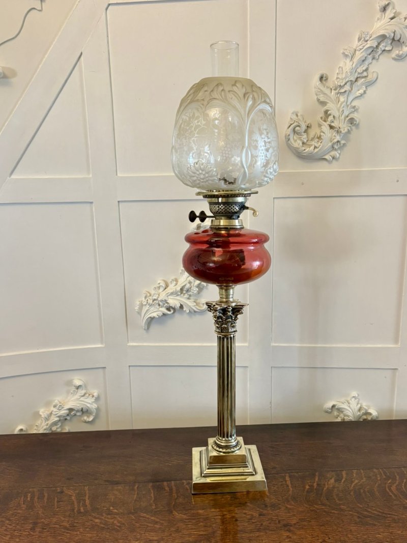 Antique Victorian Cranberry Glass Oil Lamp on Brass Corinthian Column